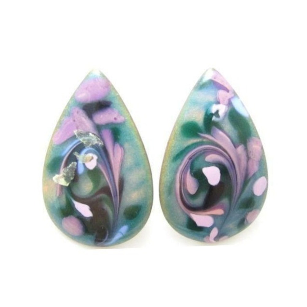 Vintage Blue, Green & Pink Swirl Design Baked Enamel Tear Shape Earrings 1-1/4"